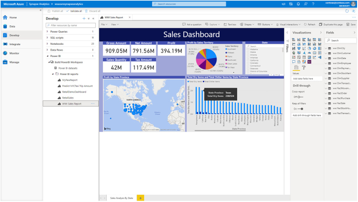 Screenshot of Microsoft Azure showing the Develop page open to a Sales Dashboard.