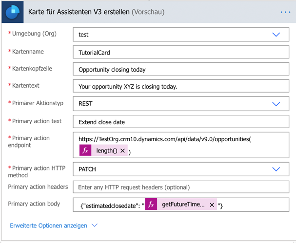 Erstellen Sie eine Karte für Assistent V3 (Vorschau) mit Werten, die für die primäre Aktion eingegeben wurden.