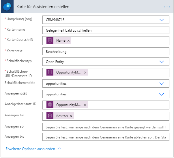 „Details zum Kartenassistenten erstellen“ zeigt alle erforderlichen Spalten und mehrere erweiterte Optionen an.