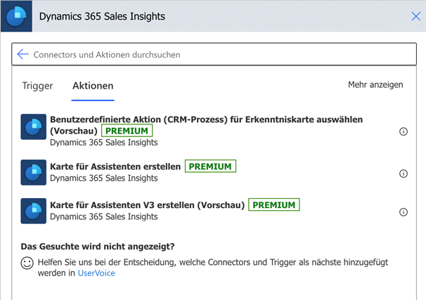 Auf der Registerkarte „Dynamics 365 Sales Insights-Aktionen“ wird „Karte für Assistent V3 erstellen“ (Vorschau) angezeigt.