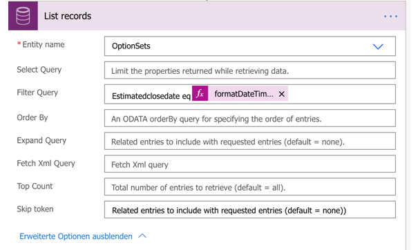 Zeigt die Filterabfrage an, die auf „estimatedclosedate eq formatDateTime“ eingestellt ist.
