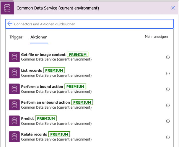 Wählen Sie unter Microsoft Dataverse auf der Registerkarte „Aktionen“ den Listendatensatz aus.