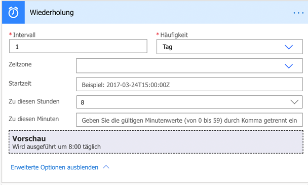 Intervall von 1 und Häufigkeit des Tages mit „Zu diesen Stunden“ auf 8 eingestellt, wird jeden Morgen um 8 Uhr ausgeführt.