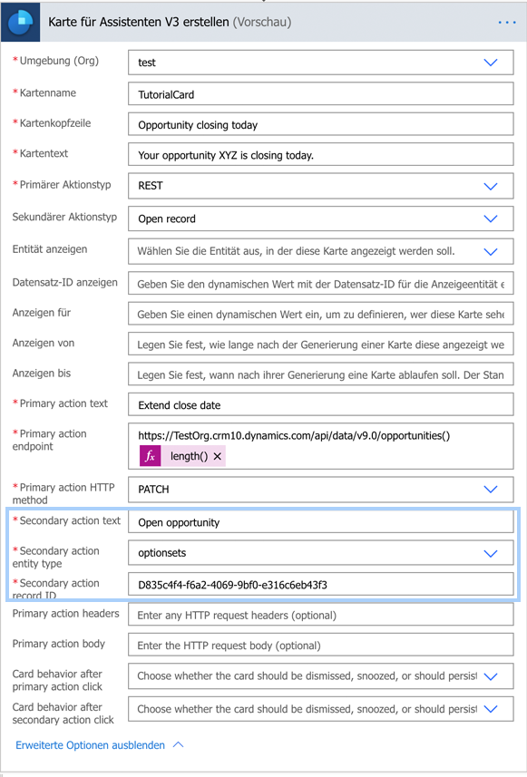Geben Sie Werte für den sekundären Aktionstext, den Tabellentyp und die Datensatz-ID ein.