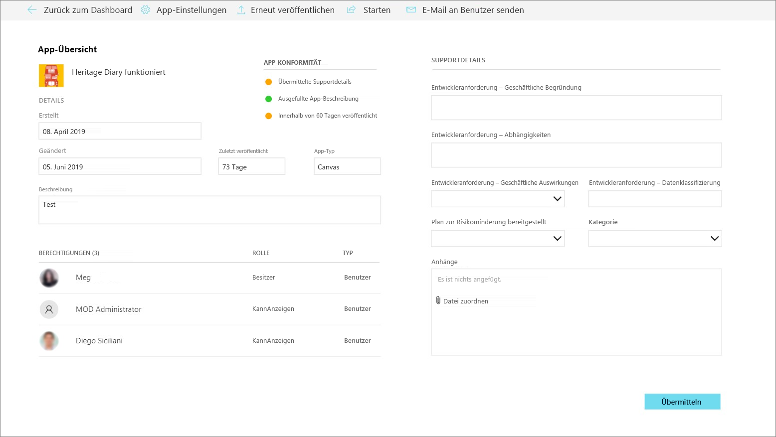 Screenshot der Übersicht der COE Development Compliance Center-App