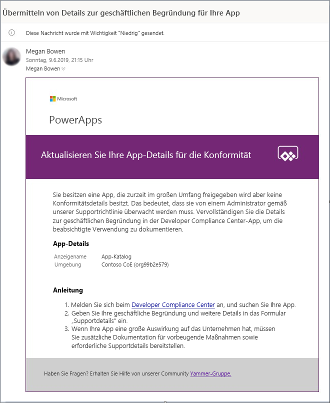 Screenshot der COE-E-Mail mit App-Details und Anweisungen