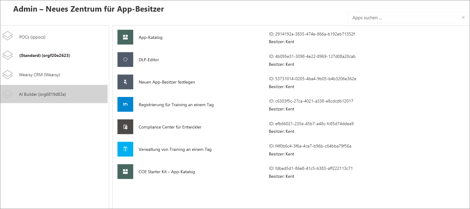 Screenshot des Centers „Admin – Neuer App-Besitzer“ mit ausgewählter Registerkarte AI Builder