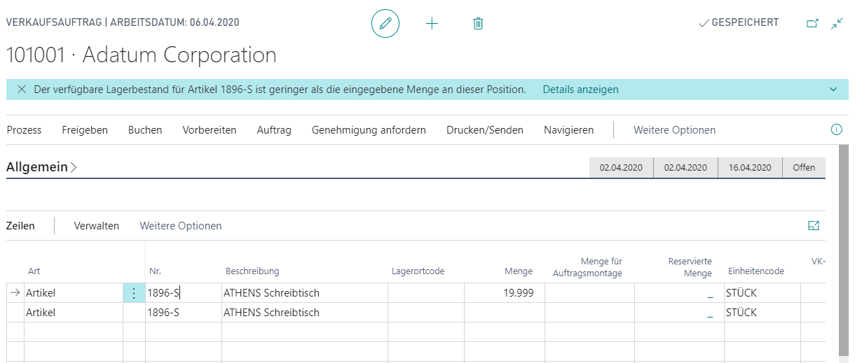 Screenshot des Verkaufsauftrags mit einem Benachrichtigungsbeispiel