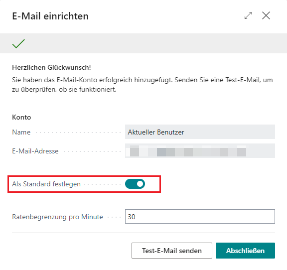 Screenshot der Erfolgsseite der Anleitung „E-Mail einrichten“ mit aktivierter Option „Als Standard festlegen“