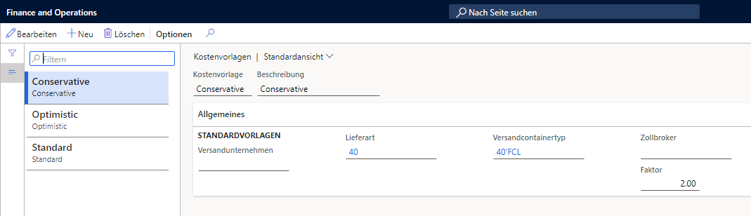 Screenshot der Seite „Kostenvorlagen“ und der verschiedenen Felder, die zugeordnet sind