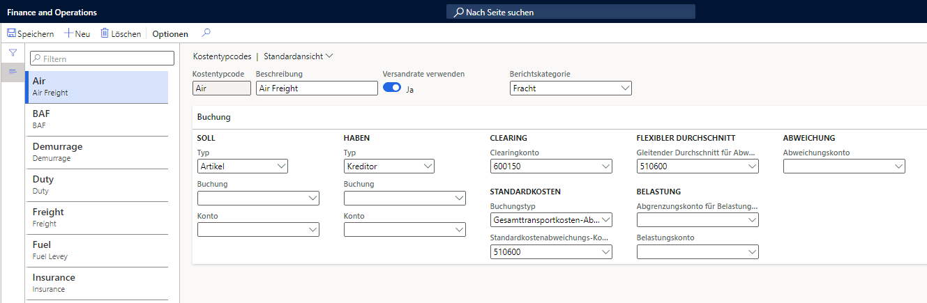 Screenshot der Seite „Kostenartcodes“ und der verschiedenen Felder, die den Codes zugeordnet sind