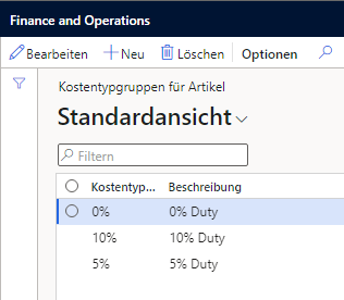 Screenshot verschiedener Kostentypgruppen für Artikel, die im System verfügbar sind