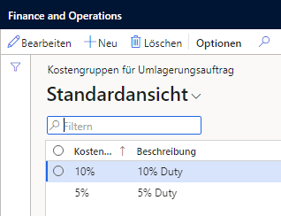 Screenshot der im System eingerichteten Kostengruppen für Umlagerungsaufträge