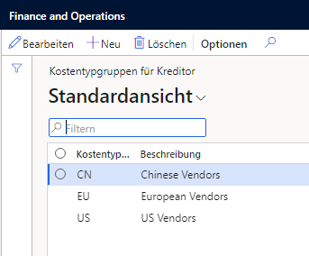 Screenshot einer Liste verschiedener Kostentypgruppen für Kreditor, die im System verfügbar sind
