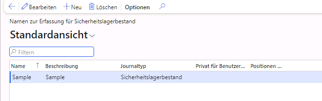 Screenshot der Seite mit den Namen zur Erfassung für Sicherheitslagerbestand