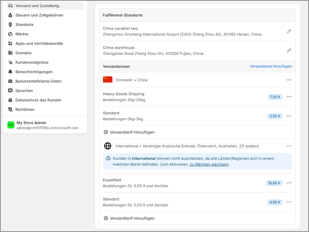 Screenshot mit Versandinformationen und ‑kosten