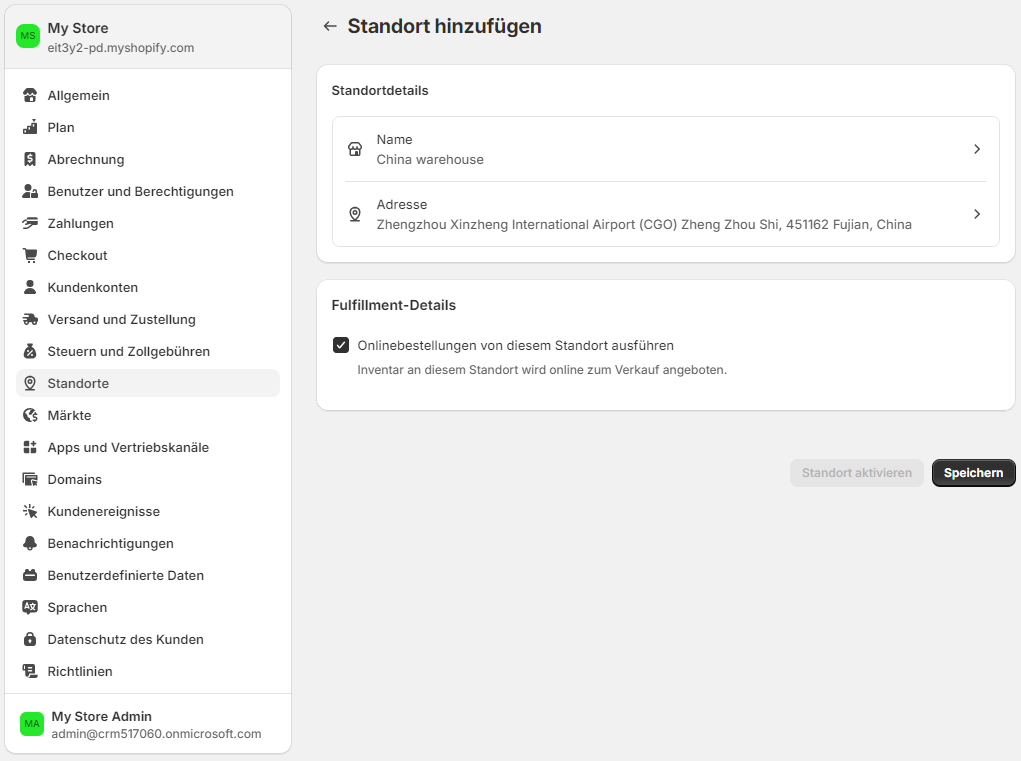 Screenshot mit Shopify-Standortdetails