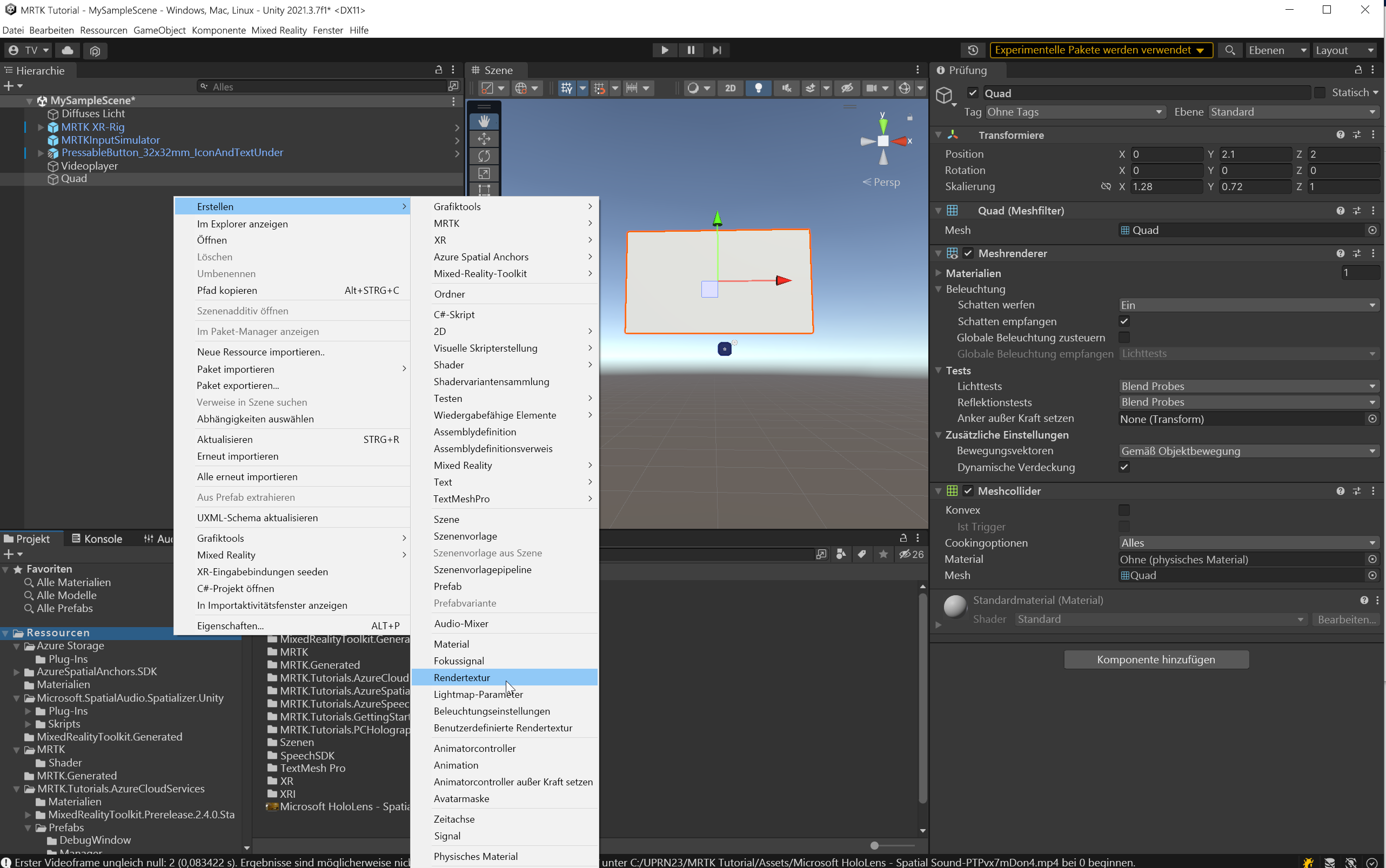 Screenshot of creating a Render Texture.