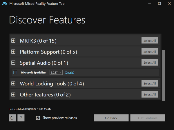 Screenshot of Mixed Reality Feature Tool.