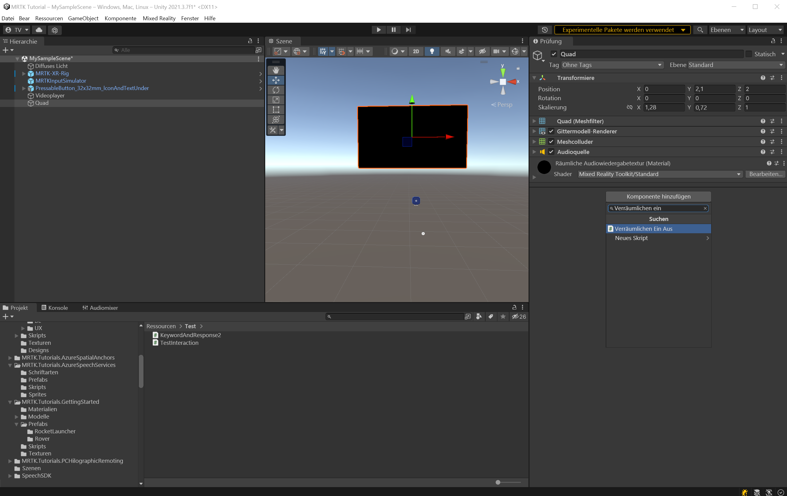 Screenshot of Add script to quad.