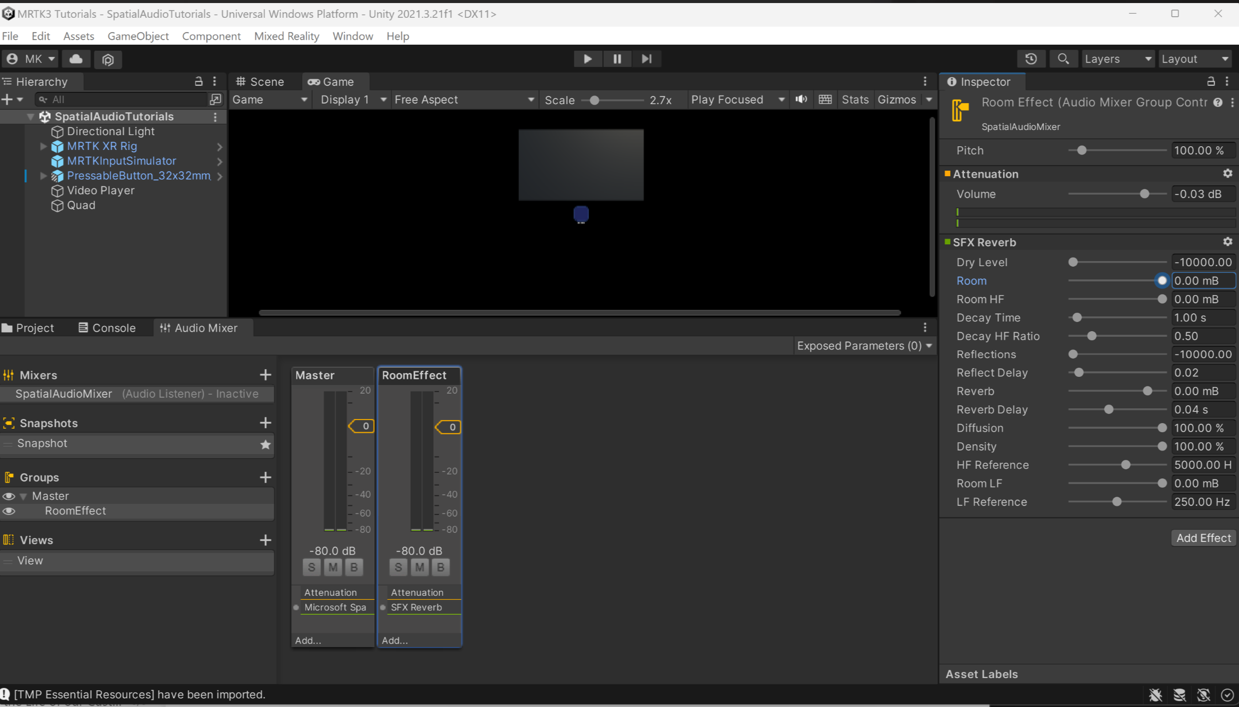 Screenshot of SFX Reverb properties.