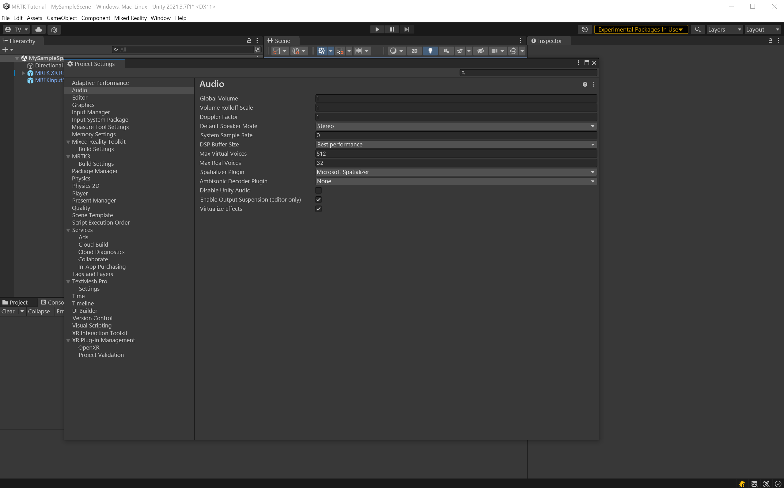 Screenshot of Project Settings showing spatializer plugin.