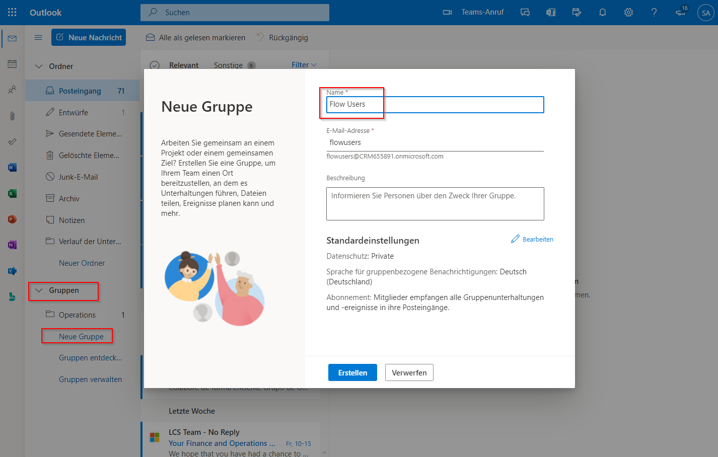 Screenshot von Outlook mit geöffnetem Dialogfenster „Neue Gruppe“