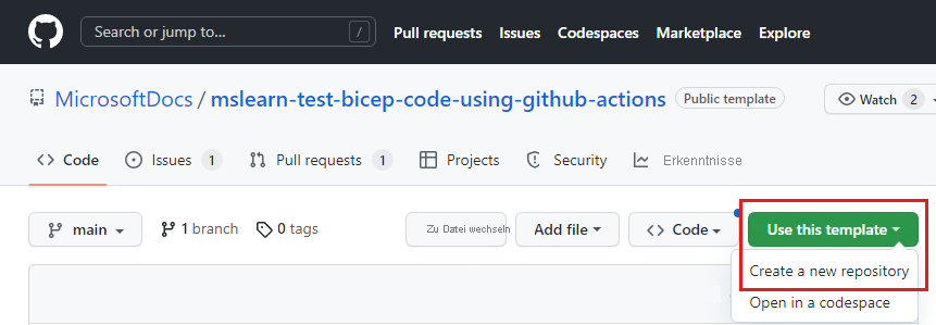 Screenshot der GitHub-Benutzeroberfläche mit dem Vorlagenrepository und hervorgehobener Schaltfläche „Use this template“ (Diese Vorlage verwenden)