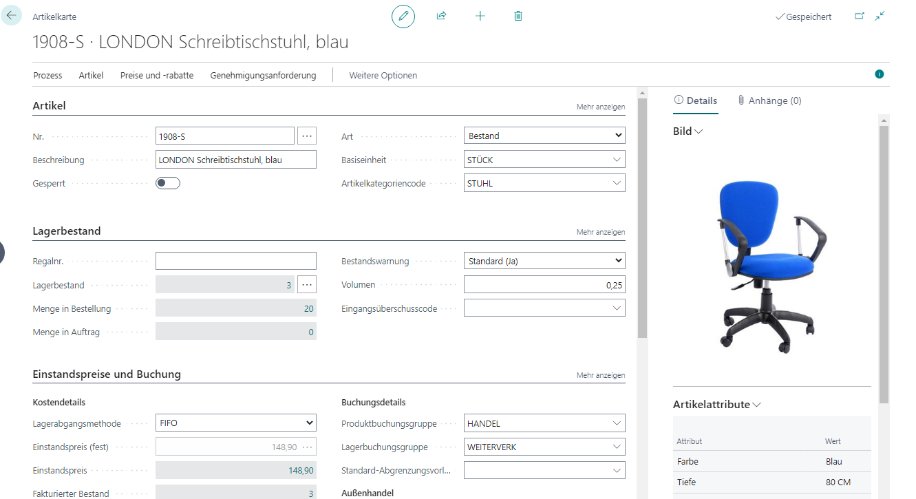 Screenshot der Artikelkarte mit Artikel‑ und Inventardetails