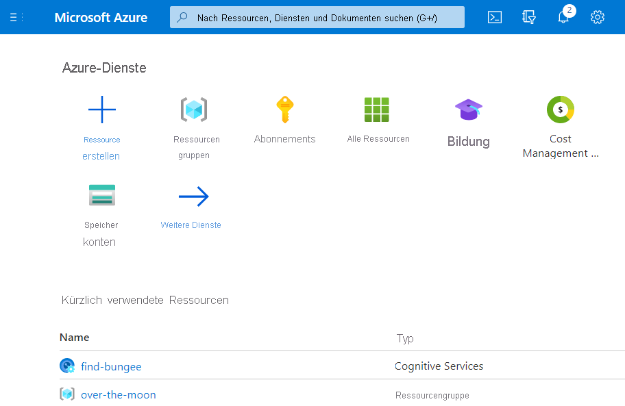 Screenshot: Azure-Portal mit Ihrer Ressourcengruppe und Custom Vision-Ressource