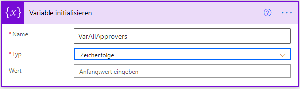 Screenshot der Aktion „Variable initialisieren“ mit dem auf „Zeichenfolge“ festgelegten Typ