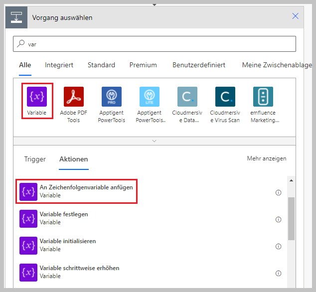 Screenshot des Dialogfelds „Vorgang auswählen“ mit Auswahl von „An Zeichenfolgenvariable anfügen“