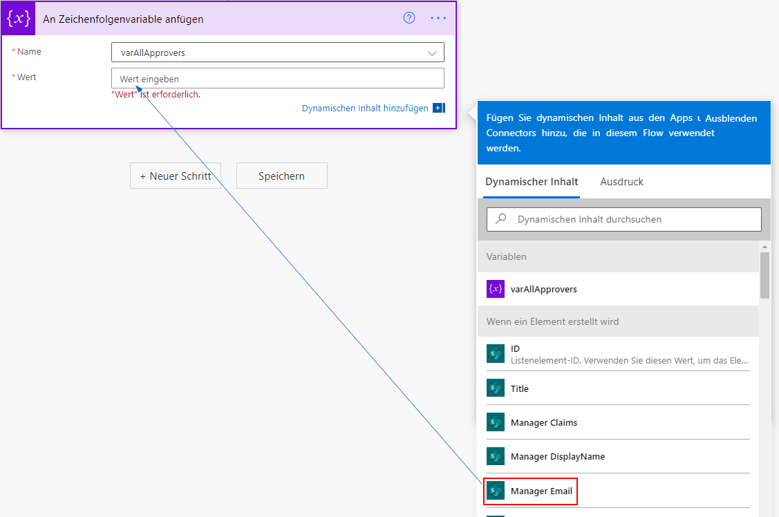 Screenshot des Dialogfelds „An Zeichenfolgenvariable anfügen“ mit für den Wert ausgewähltem dynamischen Inhalt „E-Mails der Genehmigenden“