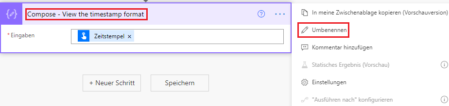 Screenshot mit ausgewählter Auslassungsschaltfläche und hervorgehobener Option „Umbenennen“