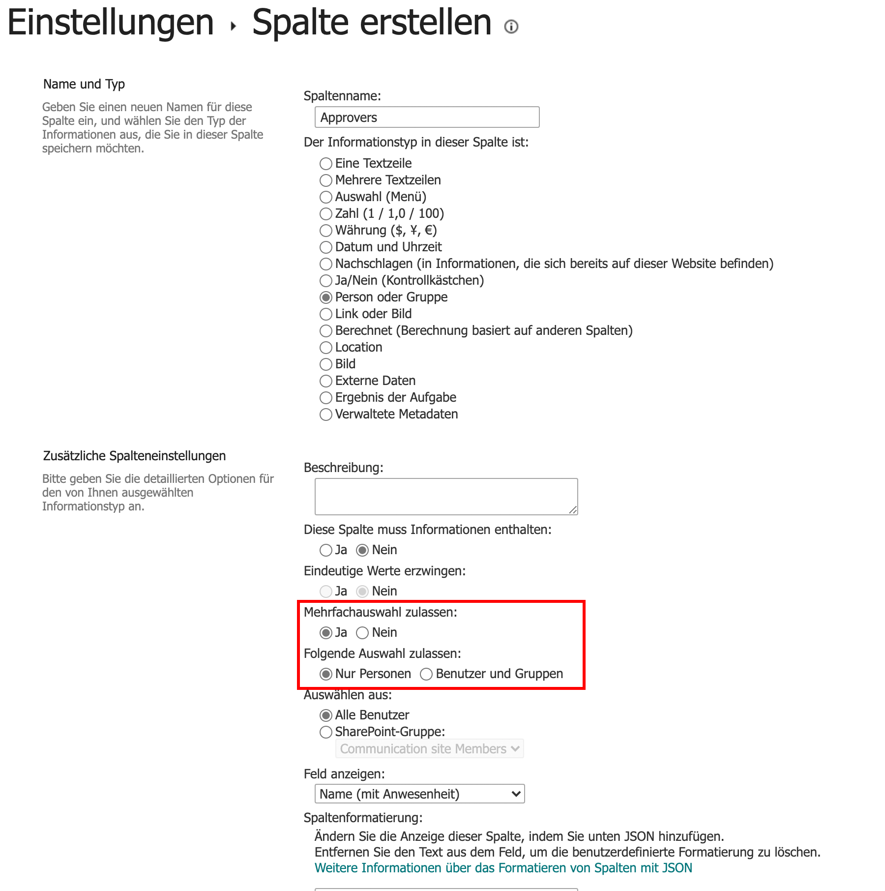 Screenshot des Dialogfelds Einstellungen > Spalte bearbeiten mit der auf „Ja“ festgelegten Option „Mehrfachauswahl erlauben“ und der auf „Nur Personen“ festgelegten Option „Auswahl zulassen von“