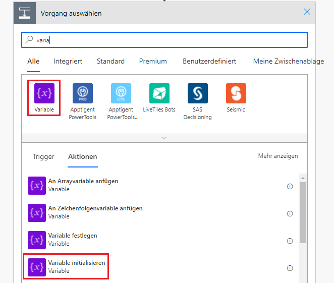 Screenshot des Dialogfelds „Vorgang auswählen“ mit ausgewählter Variable „Initialisieren“