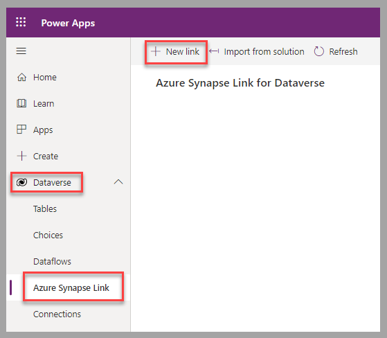 Screenshot des Power Apps-Portals. Hervorgehoben ist hier die Option „Neuen Link hinzufügen“ im Abschnitt Azure Synapse Link für Dataverse.