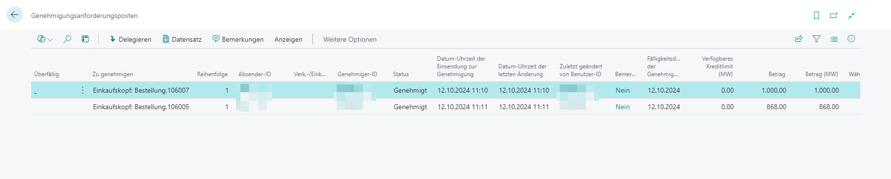 Screenshot der Seite „Genehmigungsanforderungsposten“