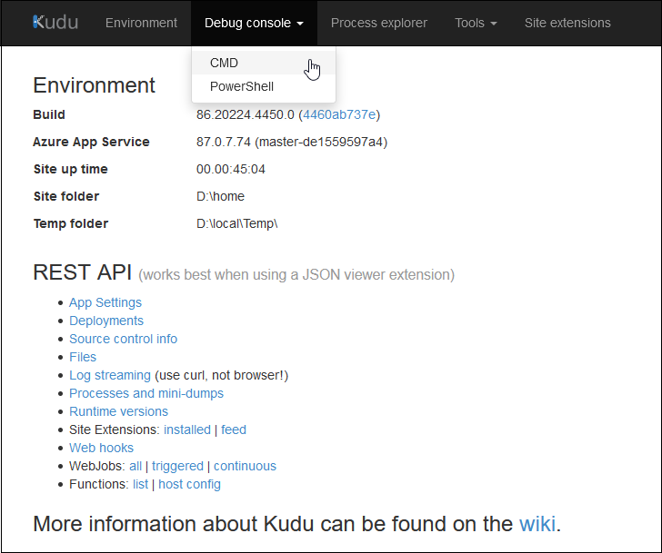 Screenshot der Umgebungsseite der Kudu-App
