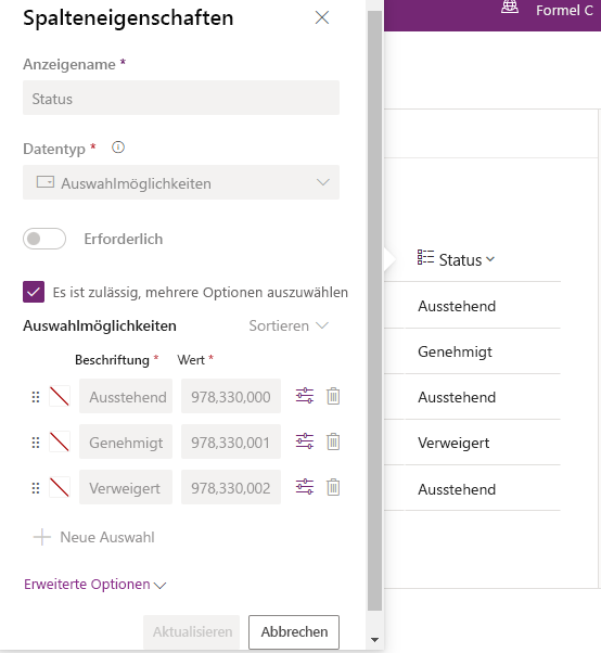 Screenshot des Bildschirms „Spalteneigenschaften“