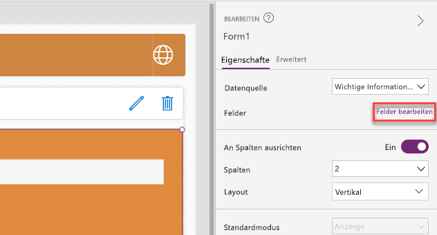 Screenshot der Schaltfläche „Felder bearbeiten“