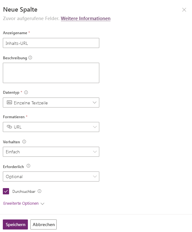 Screenshot des Dialogfensters „Neue Spalte erstellen“