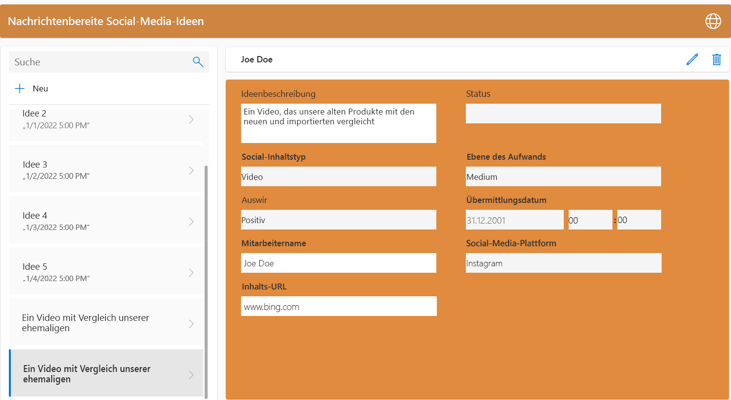 Screenshot des erstellten Datensatzes