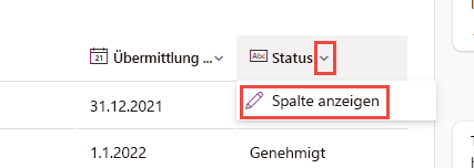 Screenshot der Option zum Anzeigen von Spalten
