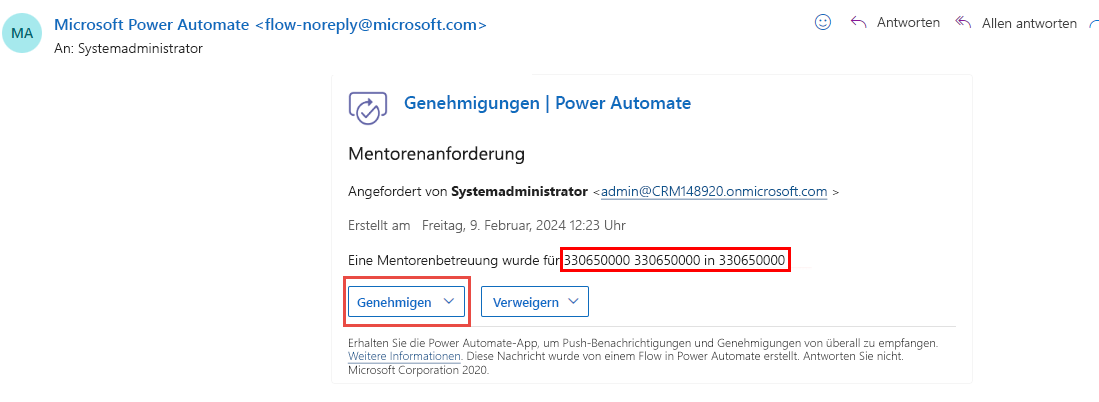 Screenshot der Genehmigungsanforderungs-E-Mail