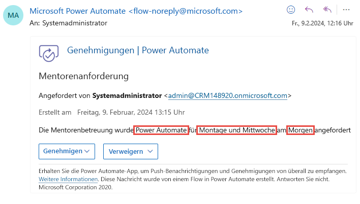 Screenshot der verbesserten Genehmigungsanforderungs-E-Mail