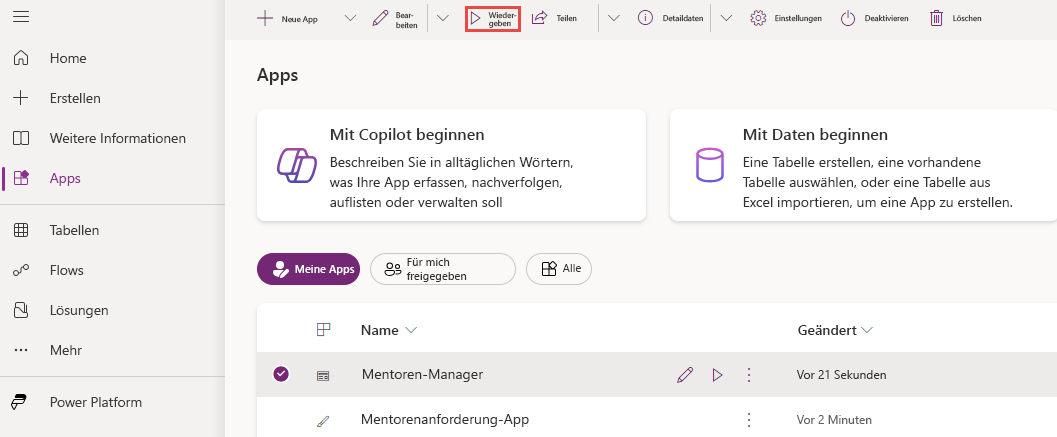 Screenshot der hervorgehobenen Schaltfläche „Anwendung wiedergeben“