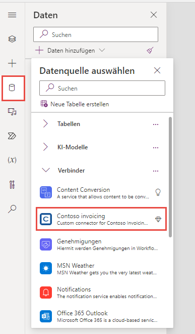 Screenshot des benutzerdefinierten Contoso Invoicing-Konnektors