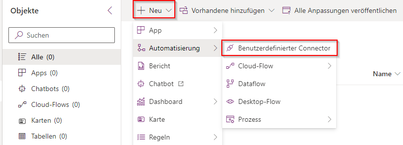 Screenshot eines Pfeils, der auf „Neue benutzerdefinierte Verbindung erstellen“ zeigt