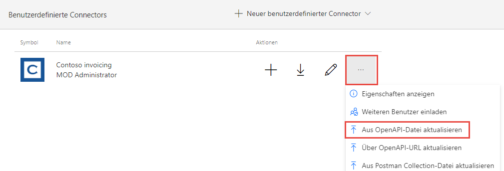 Screenshot eines Pfeils, der auf die Schaltfläche „Von OpenAPI-Datei aktualisieren“ verweist